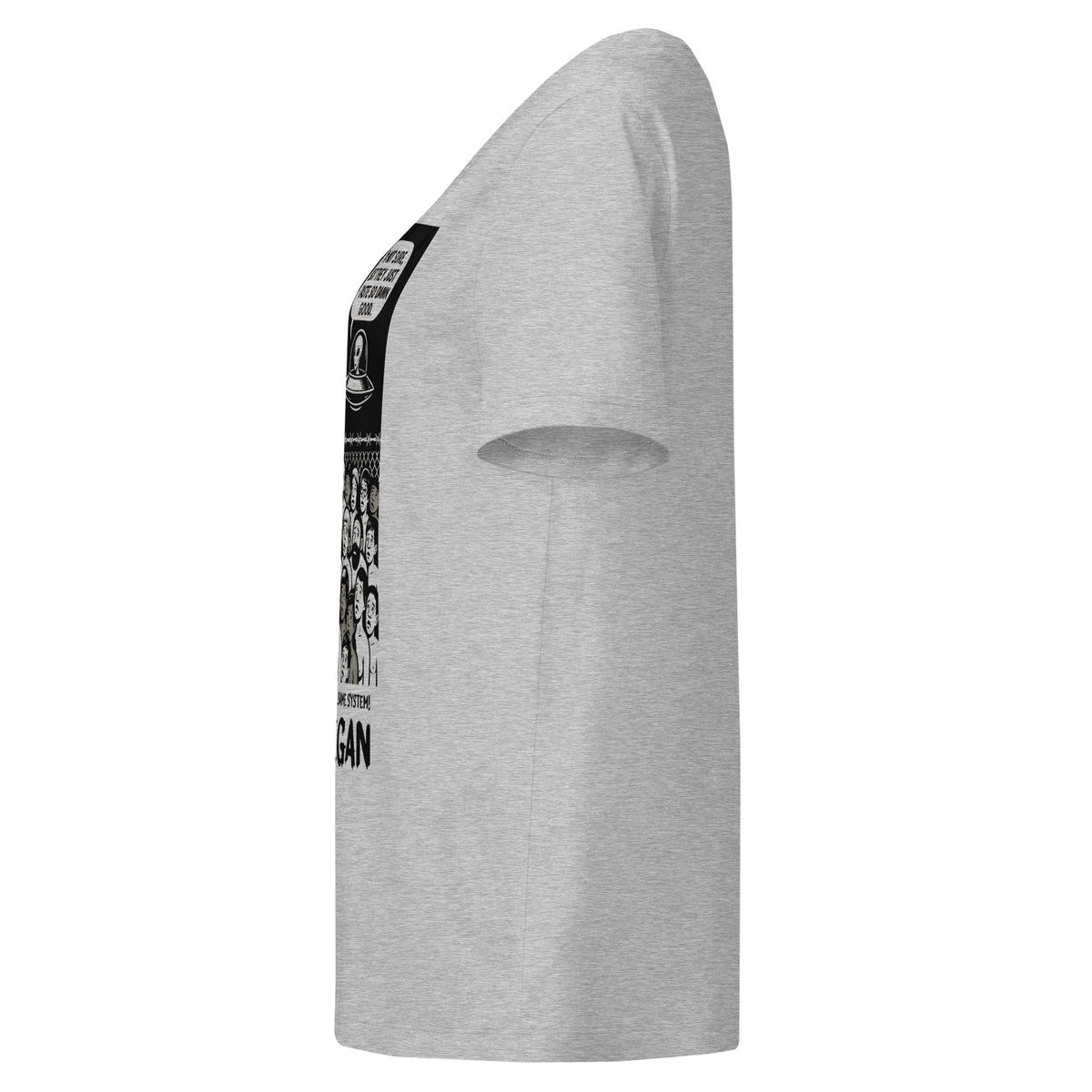 Damen-T-Shirt, meliert grau, seitliche Ansicht mit Alien-Grafik am Ärmel/Brust