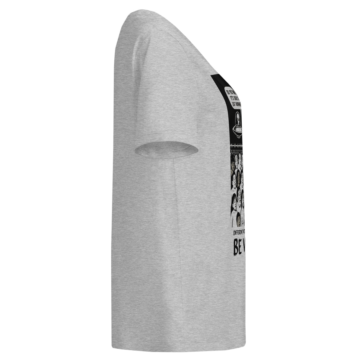Grau meliertes Damen-T-Shirt mit seitlichem Print „BE VEGAN“ und Alien-Motiven