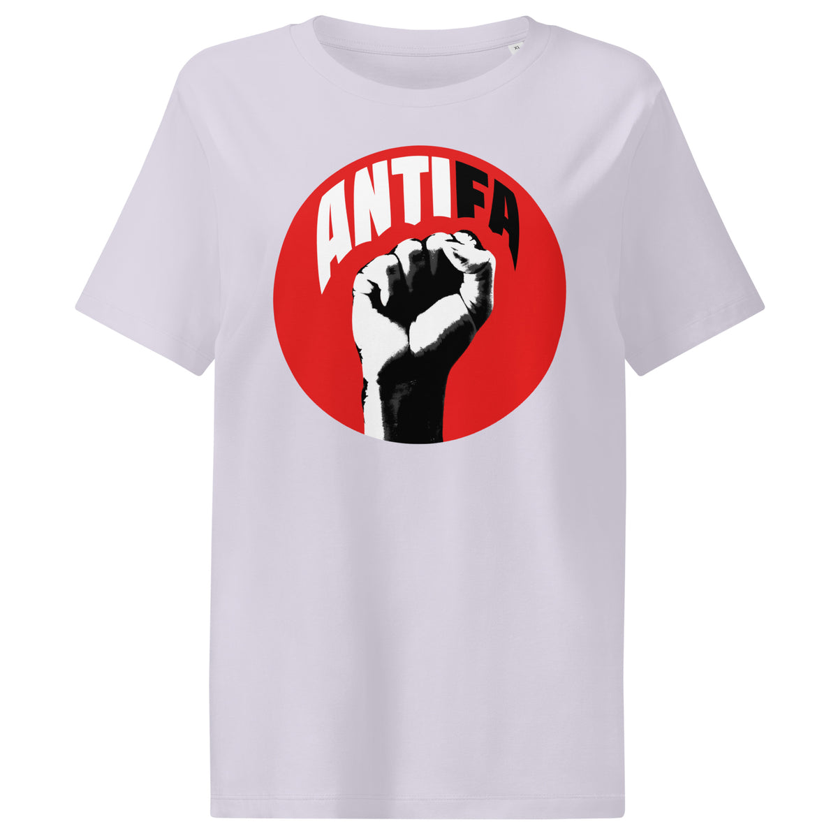 Damen-T-Shirt weiß, rundes ANTIFA-Logo mit Faustdruck