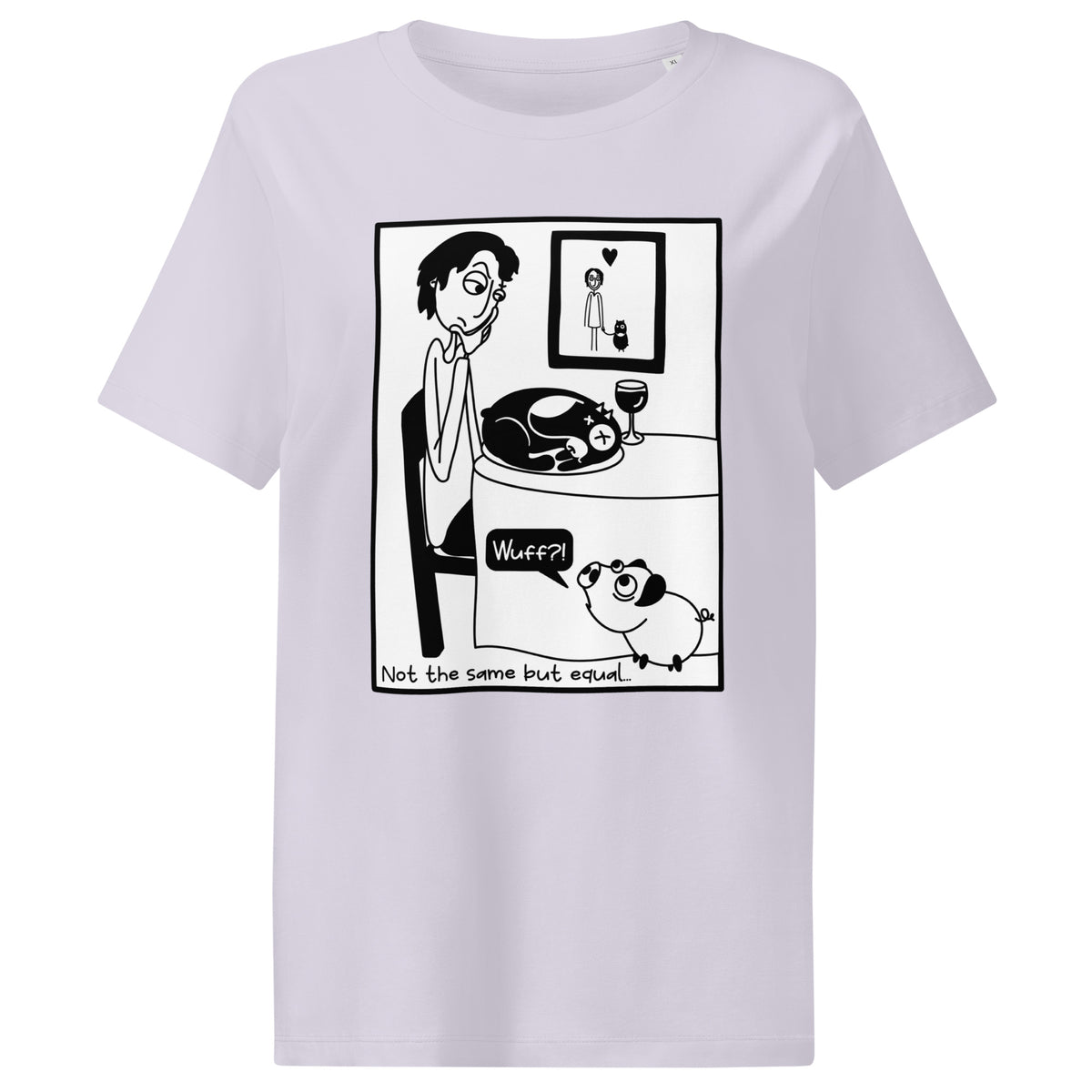 Damen-T-Shirt Lavendel mit großem Comic-Motiv „Nicht the same but equal“.