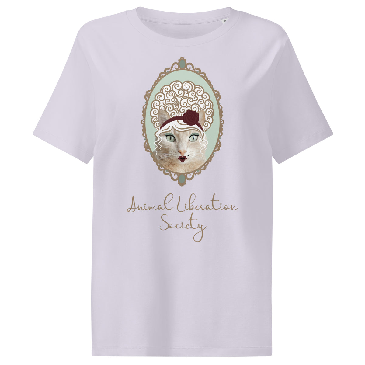 Hellrosa Damen-T-Shirt mit Katzenporträt und Schriftzug „Animal Liberation Society“