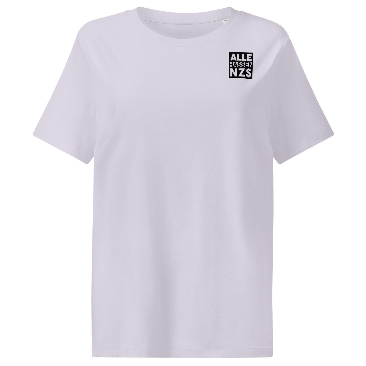 Veganes Bio Damen-T-Shirt, weiß, mit Brustprint „ALLE HASSEN NZS“