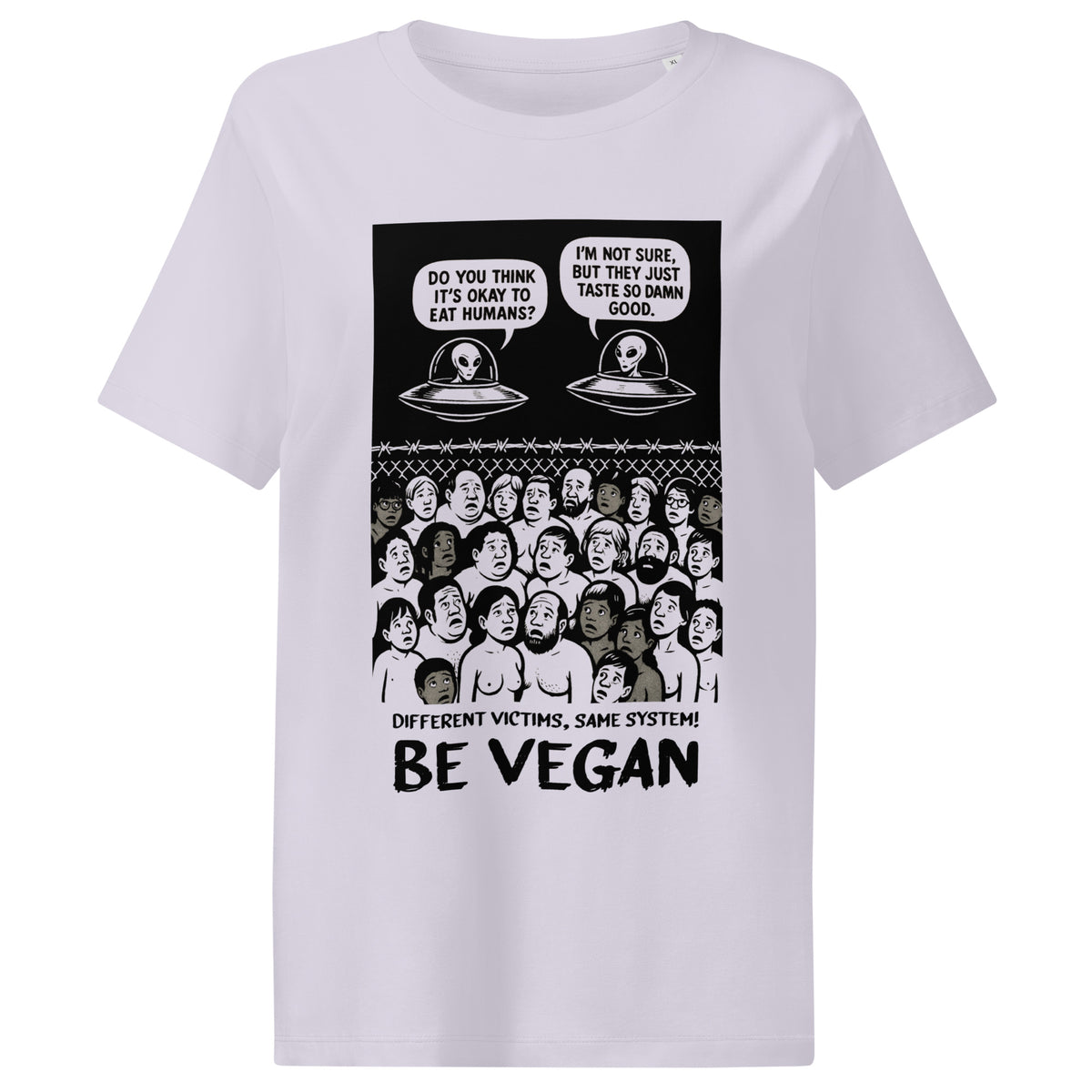 Damen-T-Shirt, helles Lavendel, Frontprint „BE VEGAN“ mit Alien-Motiven