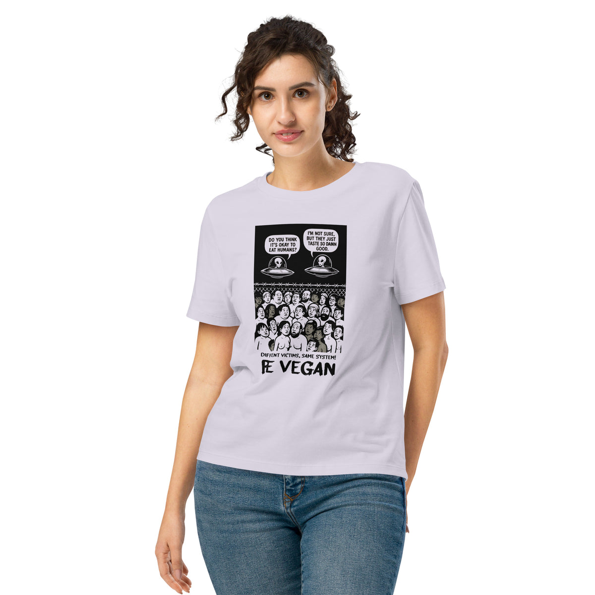 Lila Damen-T-Shirt mit großem Frontprint „BE VEGAN“ und Alien-Invasion-Motiven