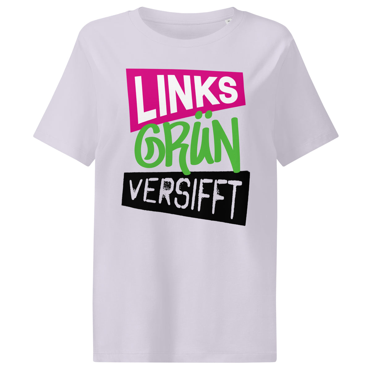 Damen-T-Shirt hellviolett mit mehrfarbigem „LINKS GRÜN VERSIFFT“-Print