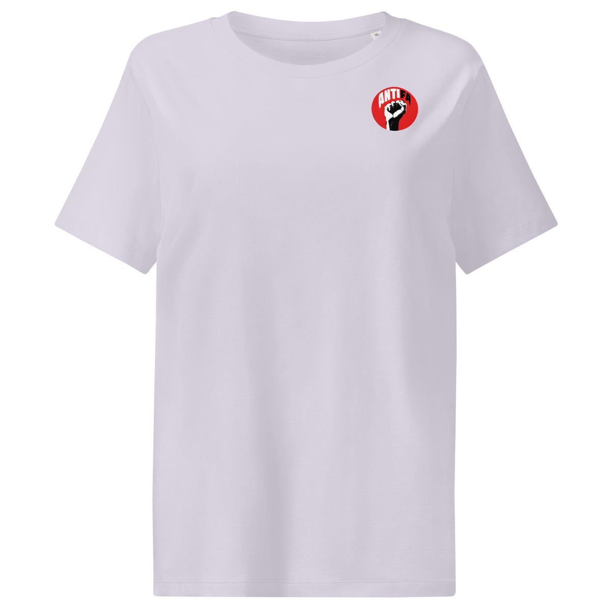 Damen-T-Shirt, weiß, Rundhalsausschnitt, kleiner ANTIFA-Aufnäher vorn