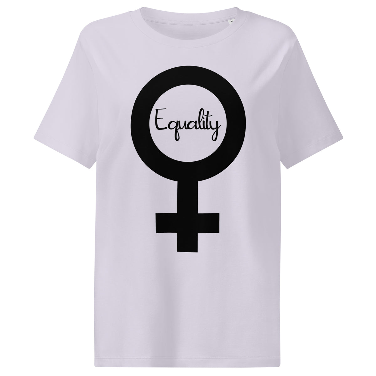 Weißes Damen-T-Shirt mit großem schwarzem Symbol und Schriftzug „Equality“