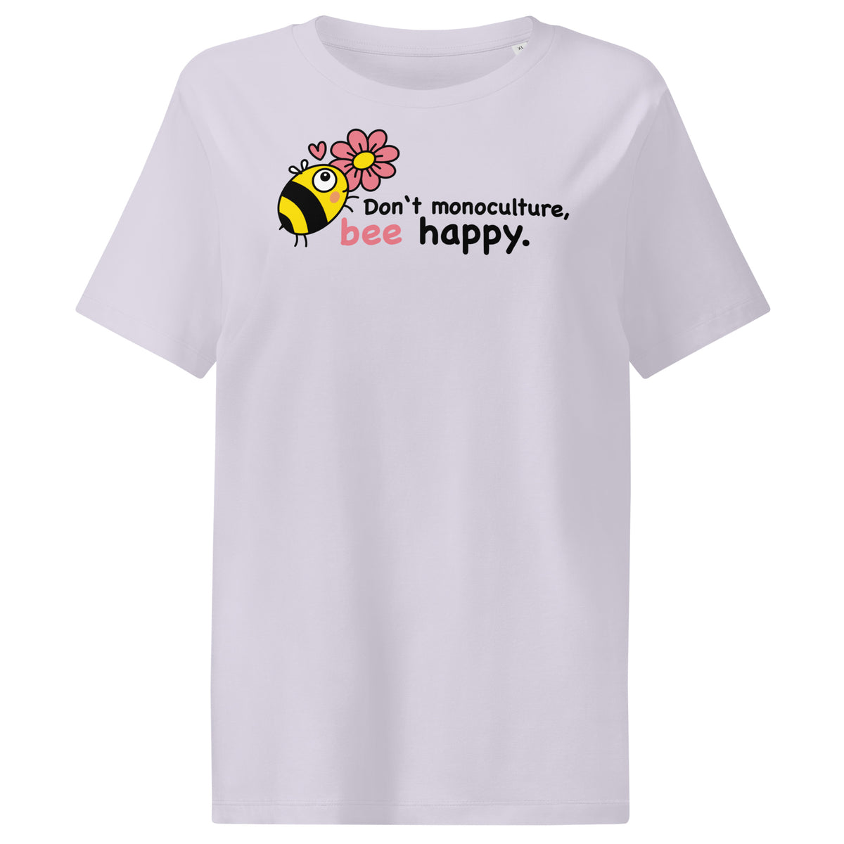 Damen-T-Shirt in Helllila mit Bienen-Print und Schriftzug „bee happy“
