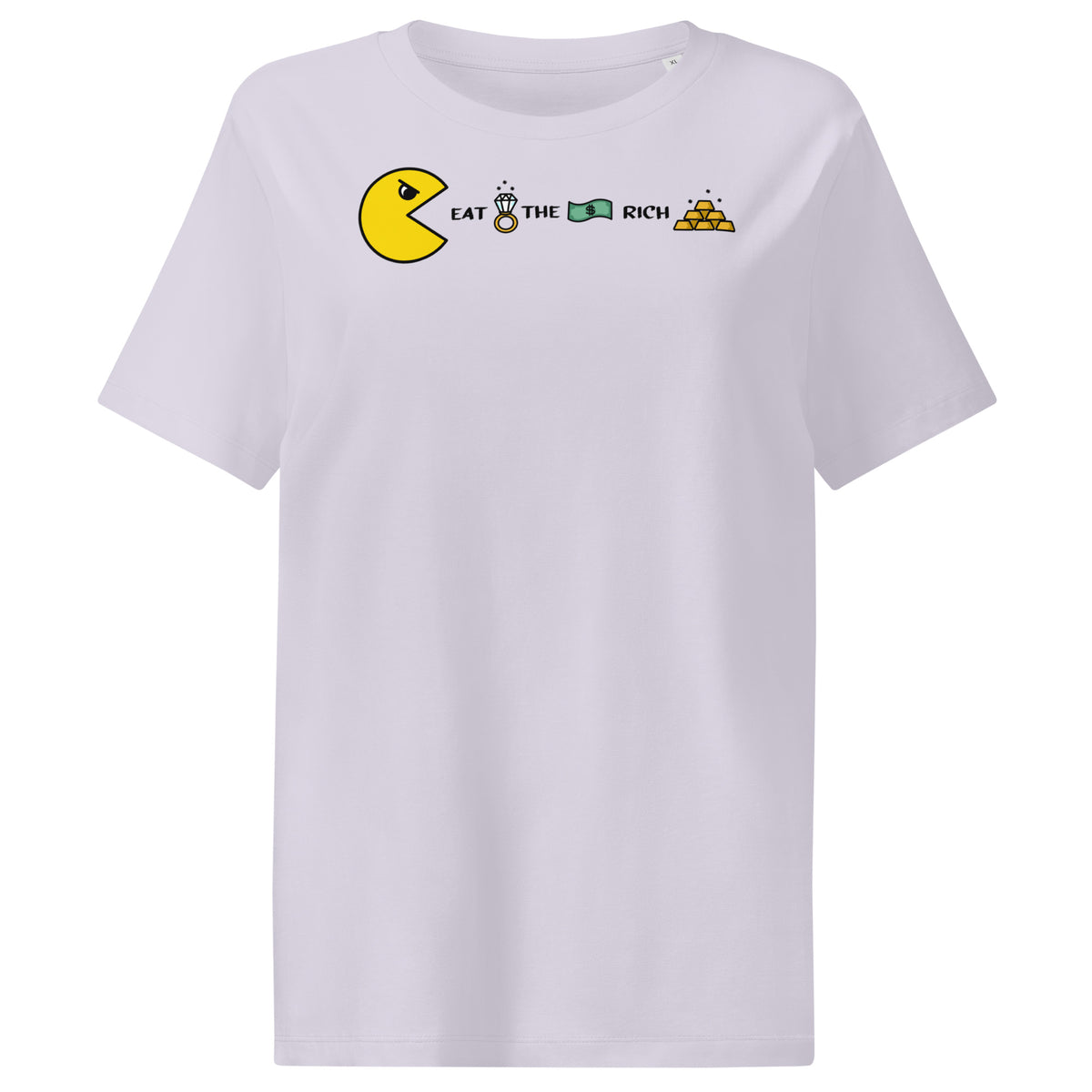 Damen-T-Shirt, hellviolett, Frontprint mit PAC Man und „EAT THE RICH“