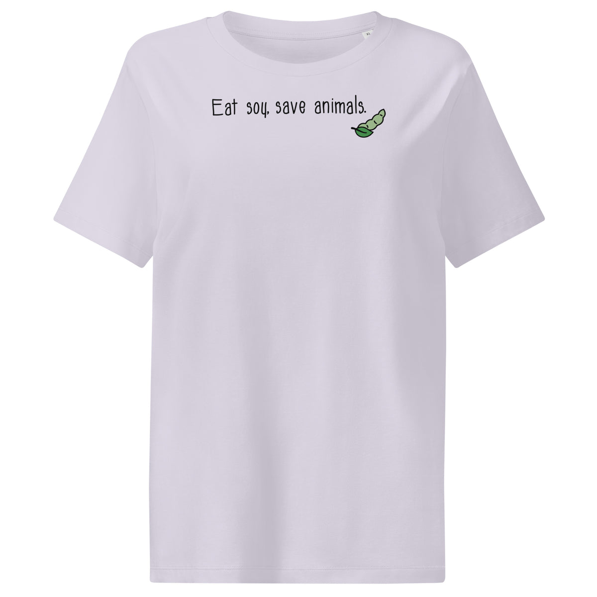 Hellgraues Damen-T-Shirt mit Aufdruck „Eat soy, save animals“ und grünem Schildkröten-Icon