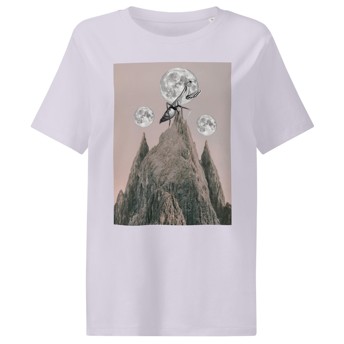 Damen-T-Shirt weiß mit Frontprint: Gottesanbeterin über Bergen