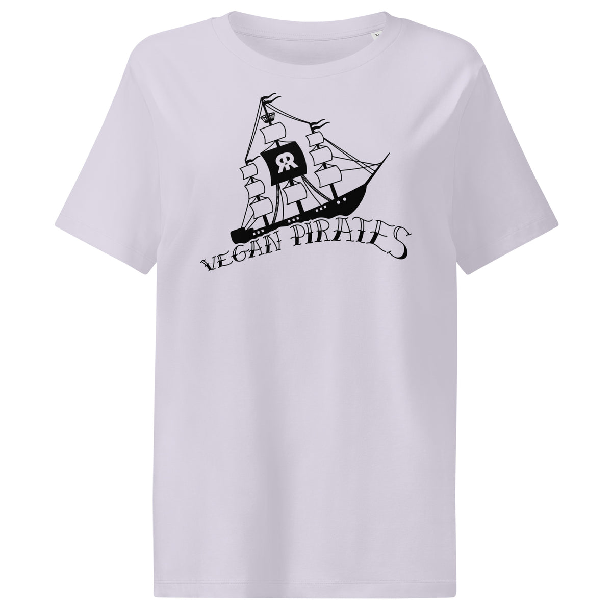 Helllila Damen-T-Shirt mit Piratengrafik und Schriftzug „Vegan Pirates“
