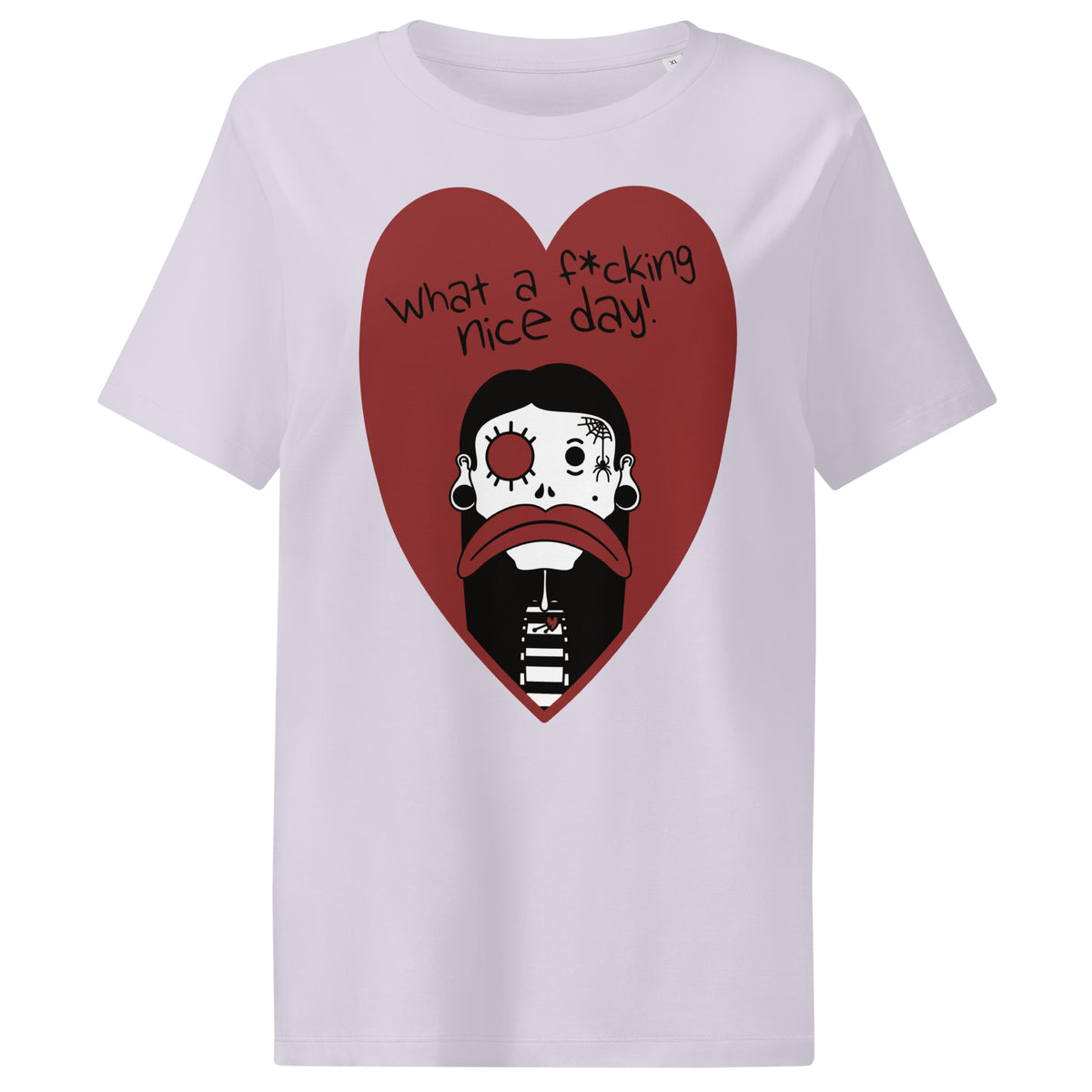 Damen-T-Shirt in Weiß mit Front-Print: rotes Dreieck mit Gesicht und Textgrafik
