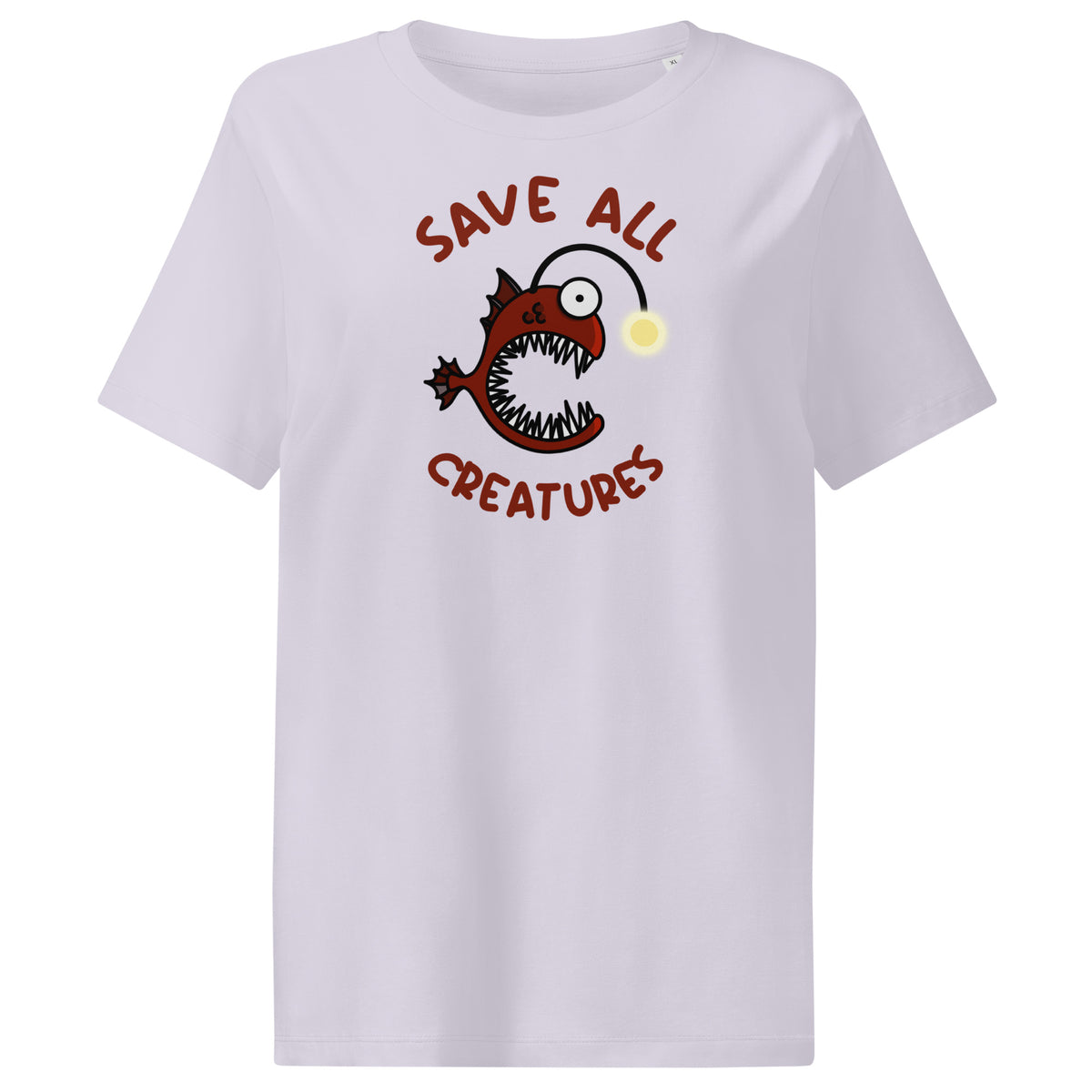 Fliederfarbenes Damen-T-Shirt: Froschfisch-Print im Kreis, „Save All Creatures“