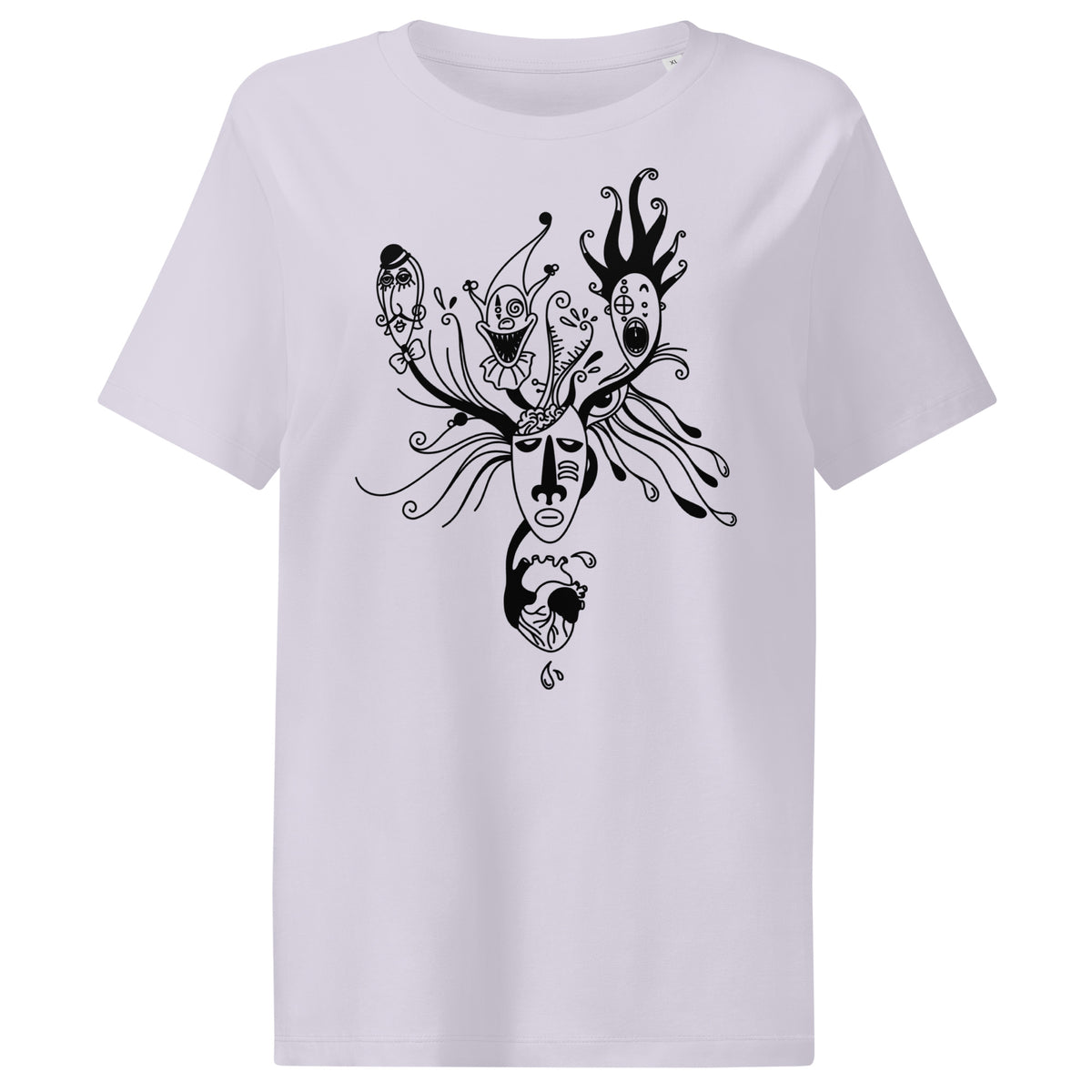 Hellweißes Damen-T-Shirt mit schwarzem Masken-Illustrationsmotiv auf der Brust
