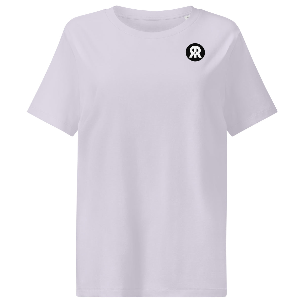 Hellgraues Damen-T-Shirt mit Rundhalsausschnitt, kurzen Ärmeln und kleinem schwarzem Brustdruck