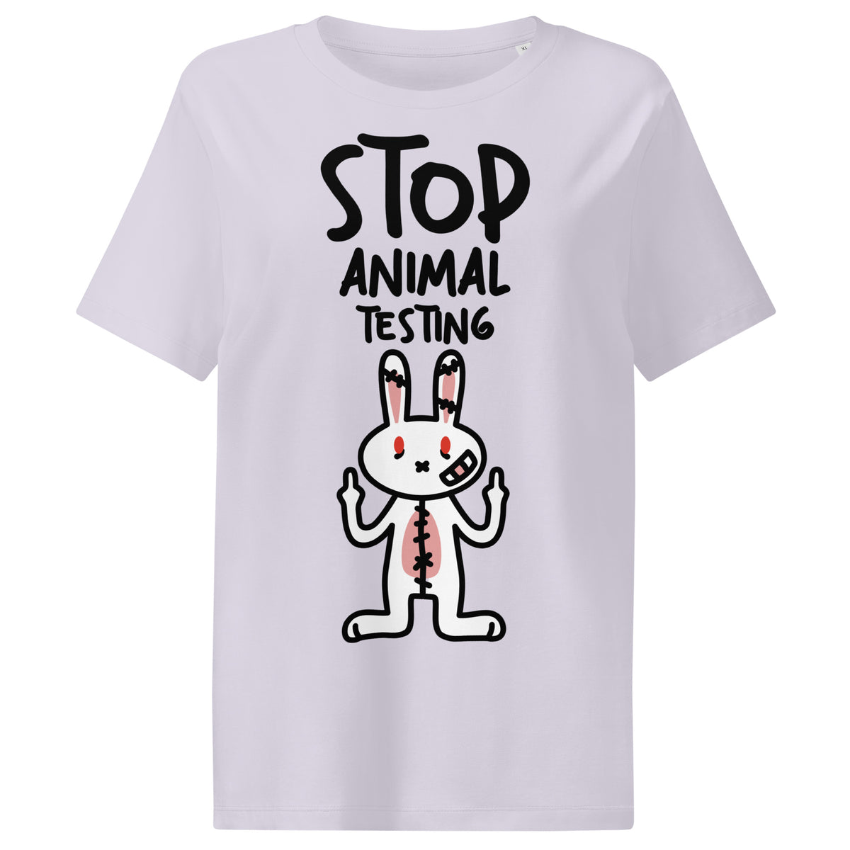 Damen-T-Shirt in Hellgrau mit Aufdruck „STOP ANIMAL TESTING“ und Hase
