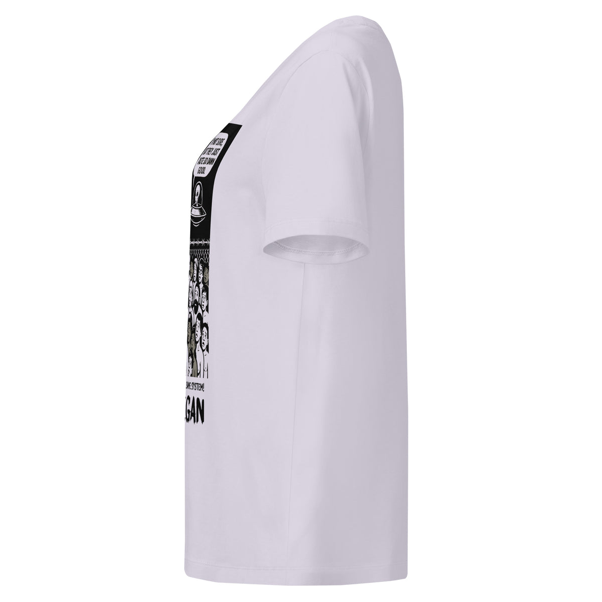 Damen-T-Shirt, hellviolett, seitliche Ansicht mit Alien-Grafik am Ärmel/Brust