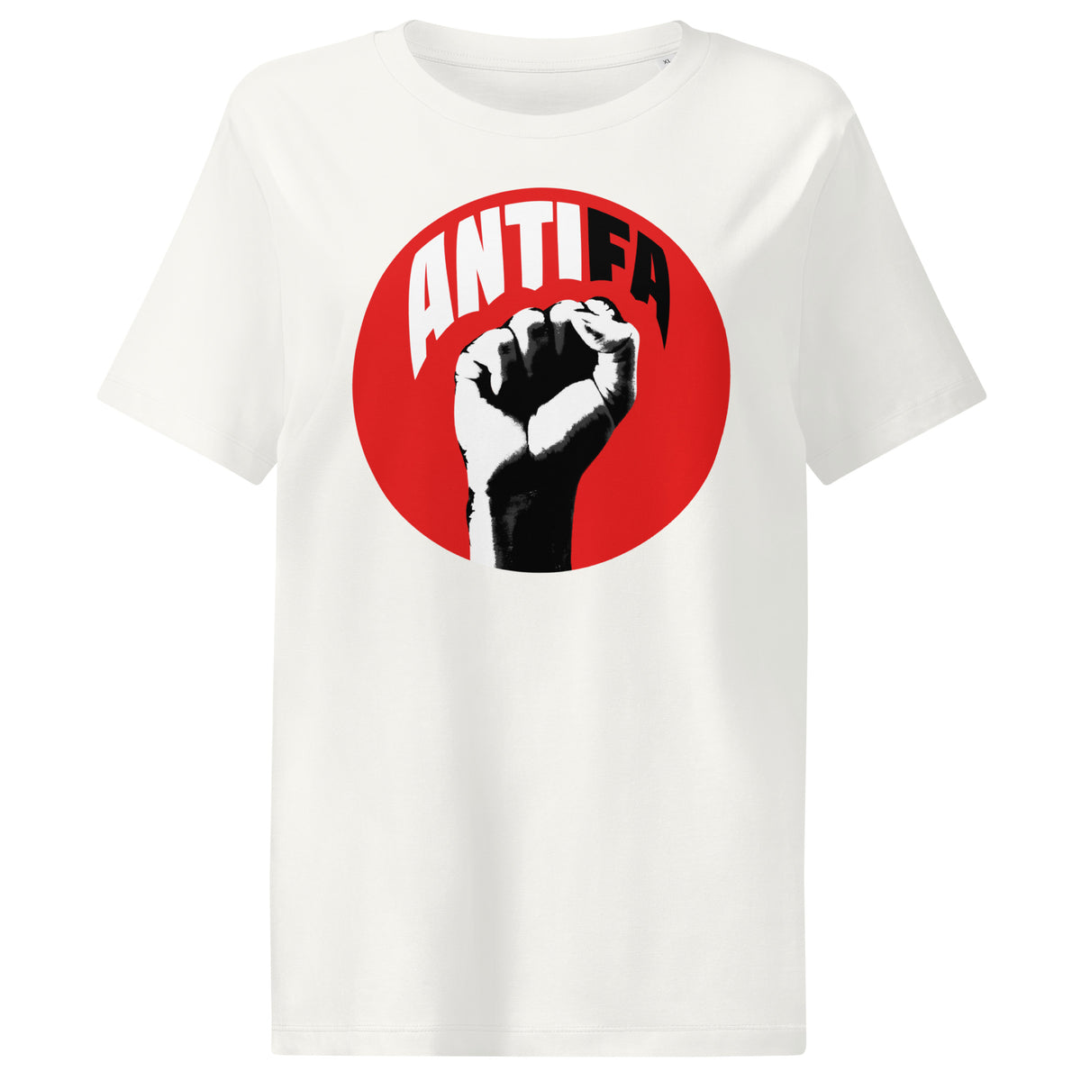 Damen-T-Shirt Off-White, rundes ANTIFA-Logo mit Faustdruck