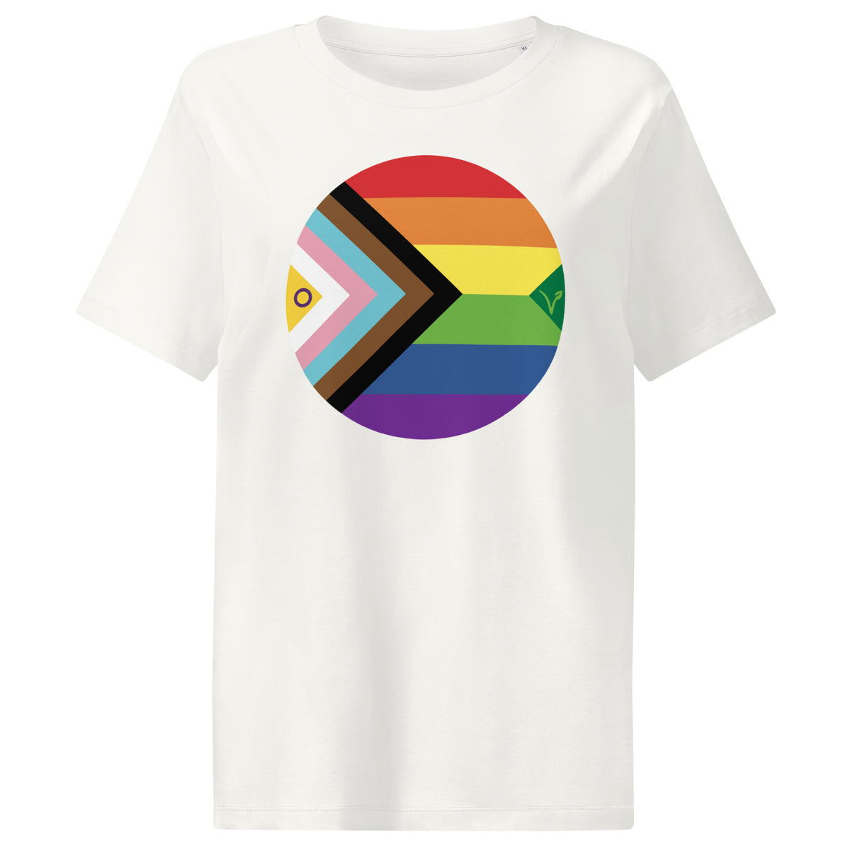 Veganes Bio Damen-T-Shirt, offwhite, mit rundem Regenbogen-Brustmotiv
