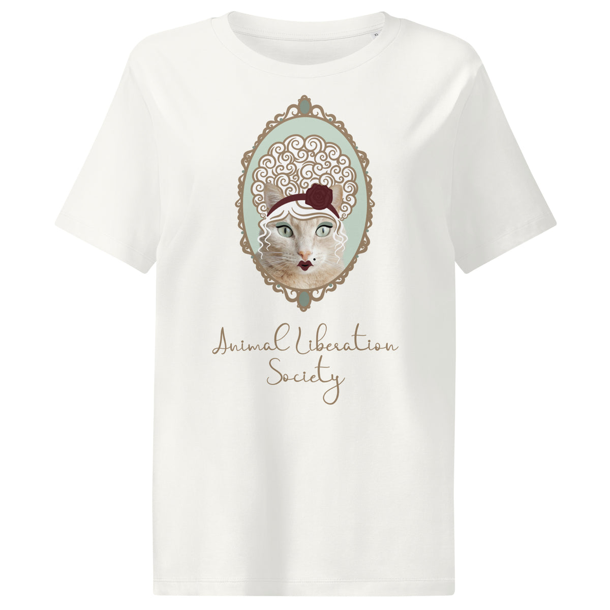 Cremefarbenes Damen-T-Shirt mit Katzenporträt und Schriftzug „Animal Liberation Society“