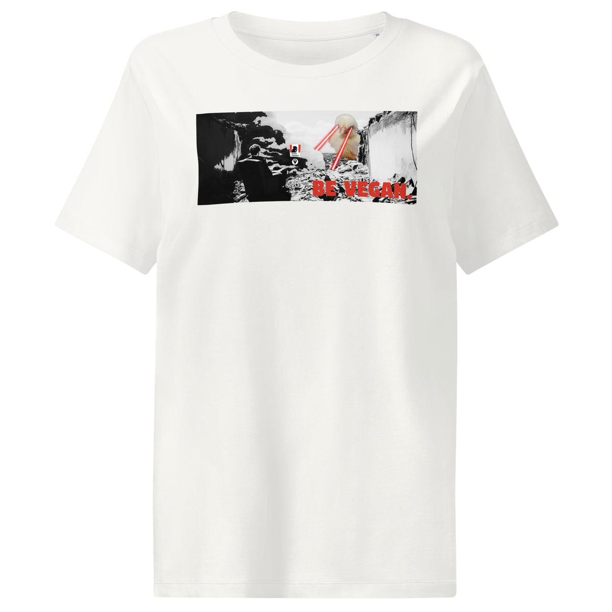 Damen-T-Shirt in Off-White mit großem Frontprint „BE VEGAN“ im Rechteckmotiv