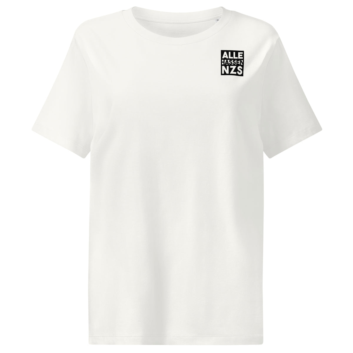 Veganes Bio Damen-T-Shirt, helles Weiß, mit Brustprint „ALLE HASSEN NZS“