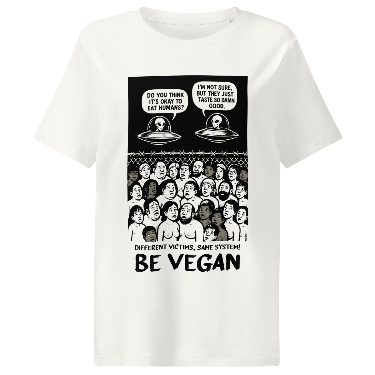 Damen-T-Shirt, Weiß, Frontprint „BE VEGAN“ mit Alien-Motiven