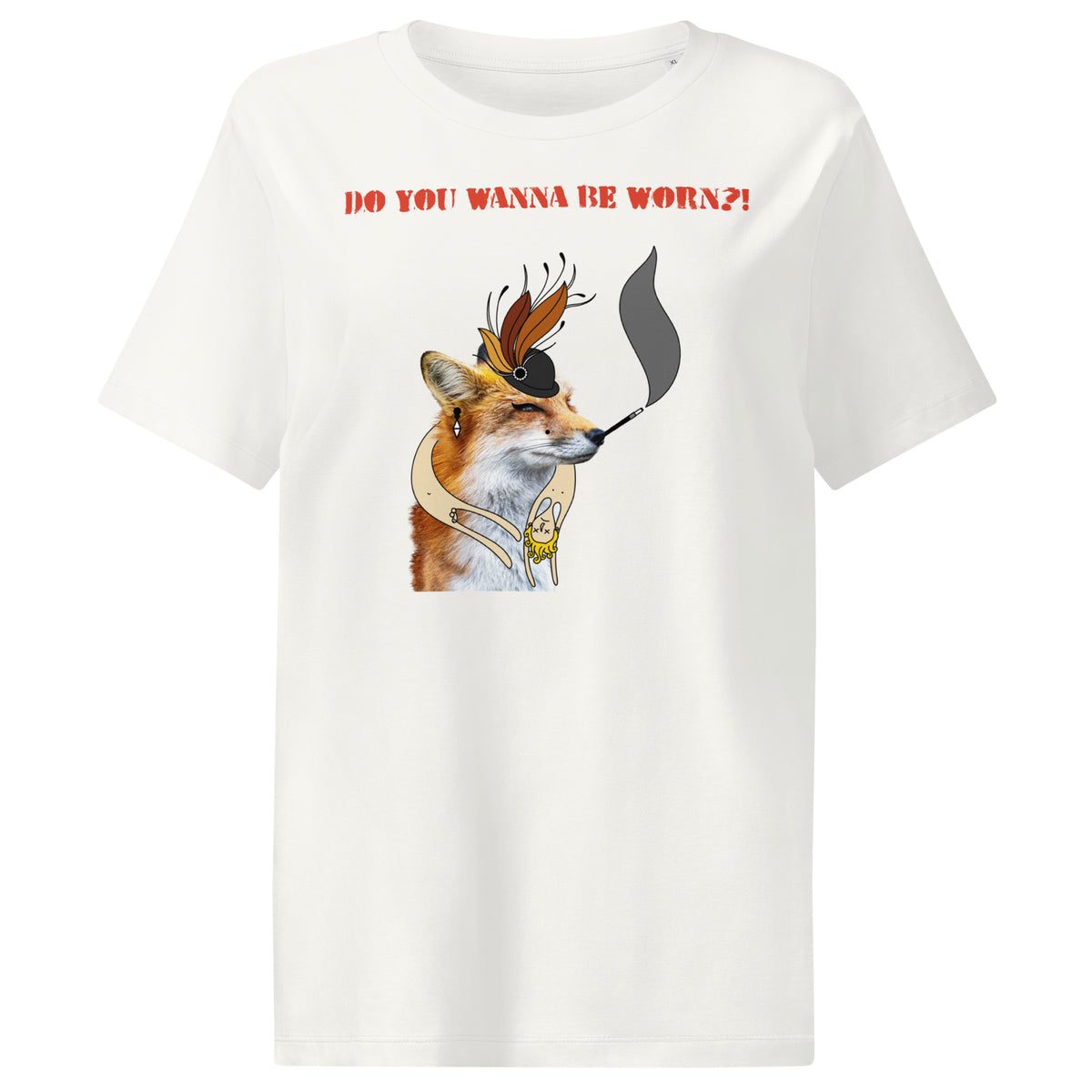 Cremefarbenes Damen-T-Shirt mit Fuchs-Comicprint und „DO YOU WANNA BE WORN?!“
