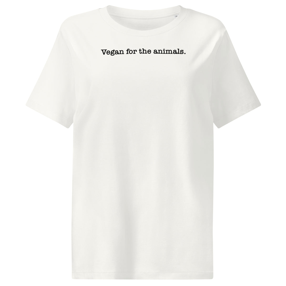 Damen-T-Shirt, offwhite, Rundhalsausschnitt, kurzer Ärmel, Aufdruck „Vegan for the animals.“