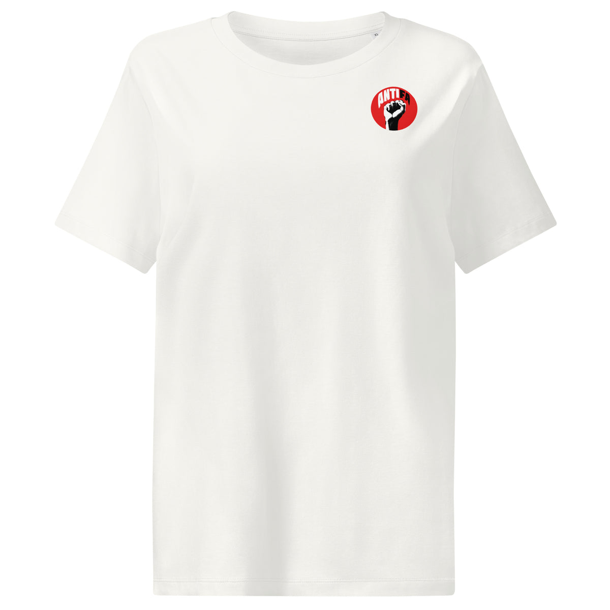 Damen-T-Shirt, offwhite, Rundhalsausschnitt, ANTIFA-Logo vorn