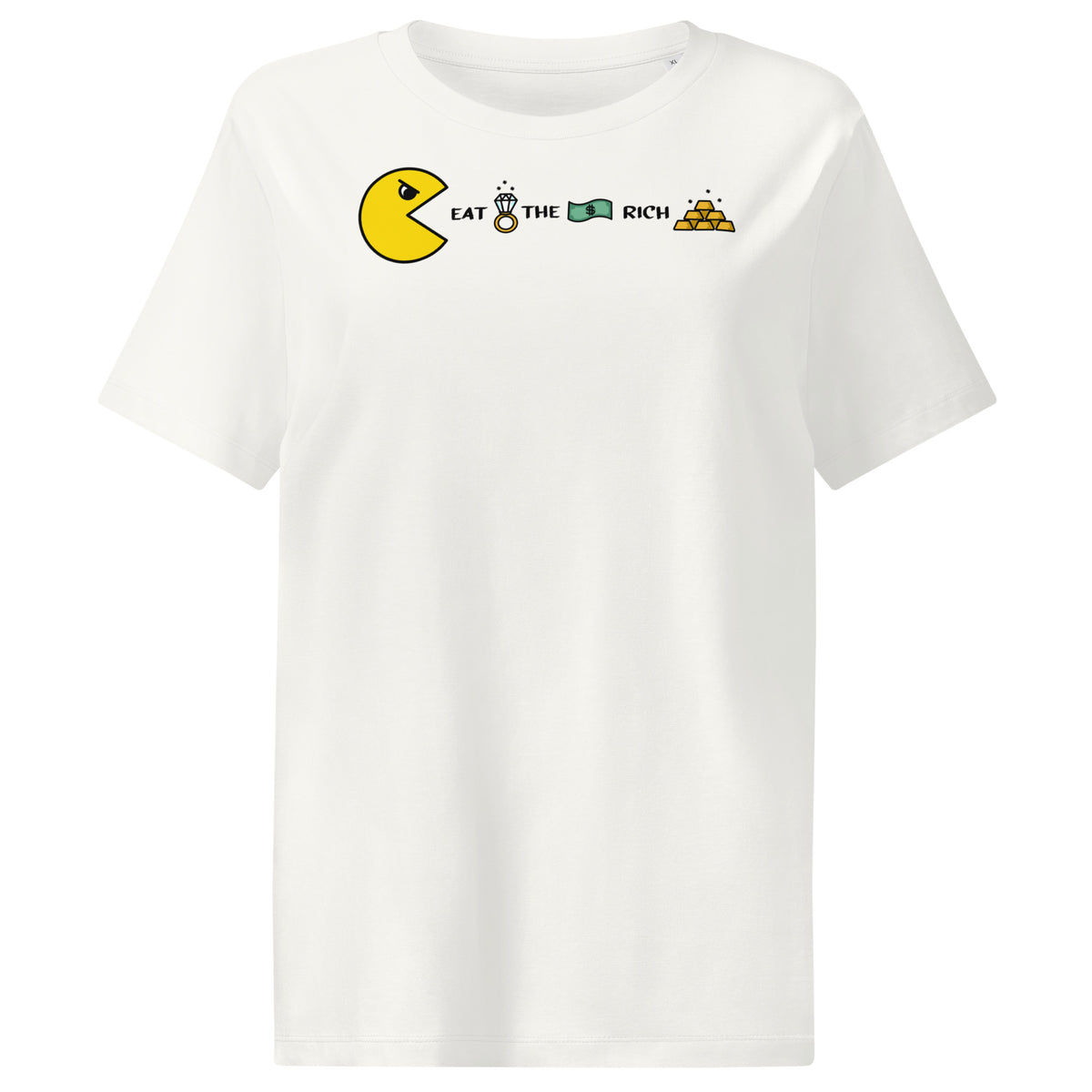 Damen-T-Shirt, cremeweiß, Frontprint mit PAC Man und „EAT THE RICH“