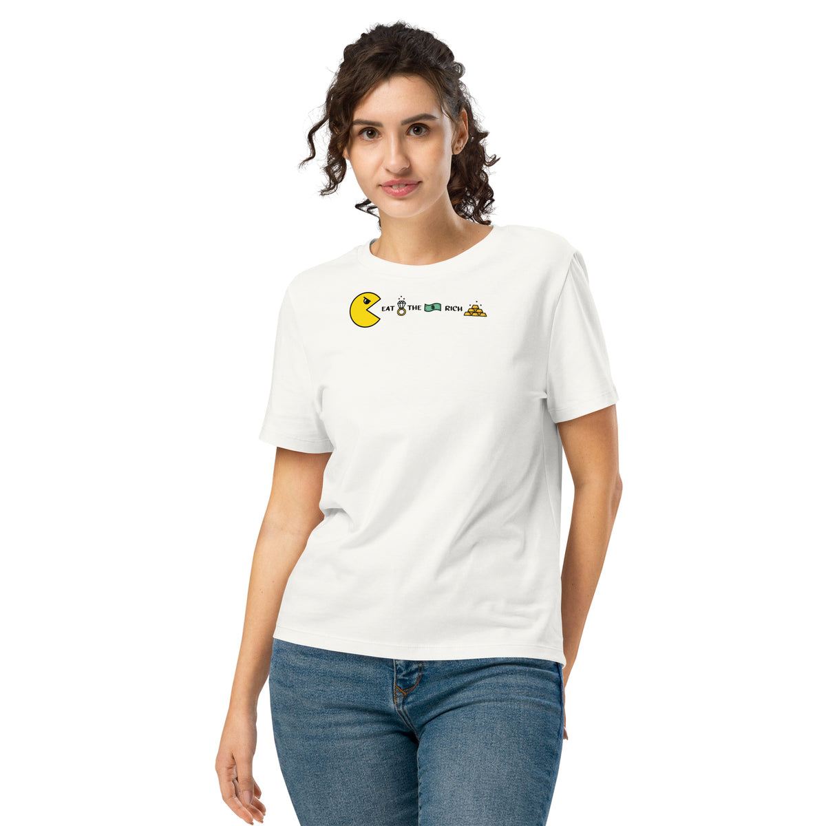 Damen-T-Shirt, weiß, kleiner Frontprint mit PAC Man und „EAT THE RICH“