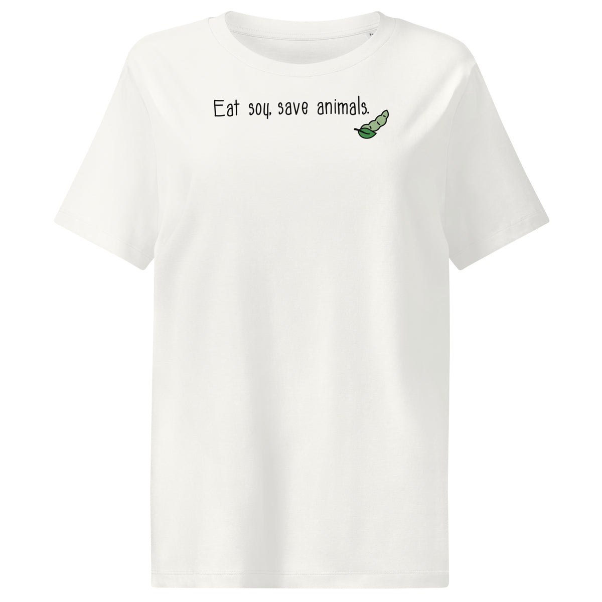 Off-White Damen-T-Shirt mit Aufdruck „Eat soy, save animals“ und grünem Schildkröten-Icon