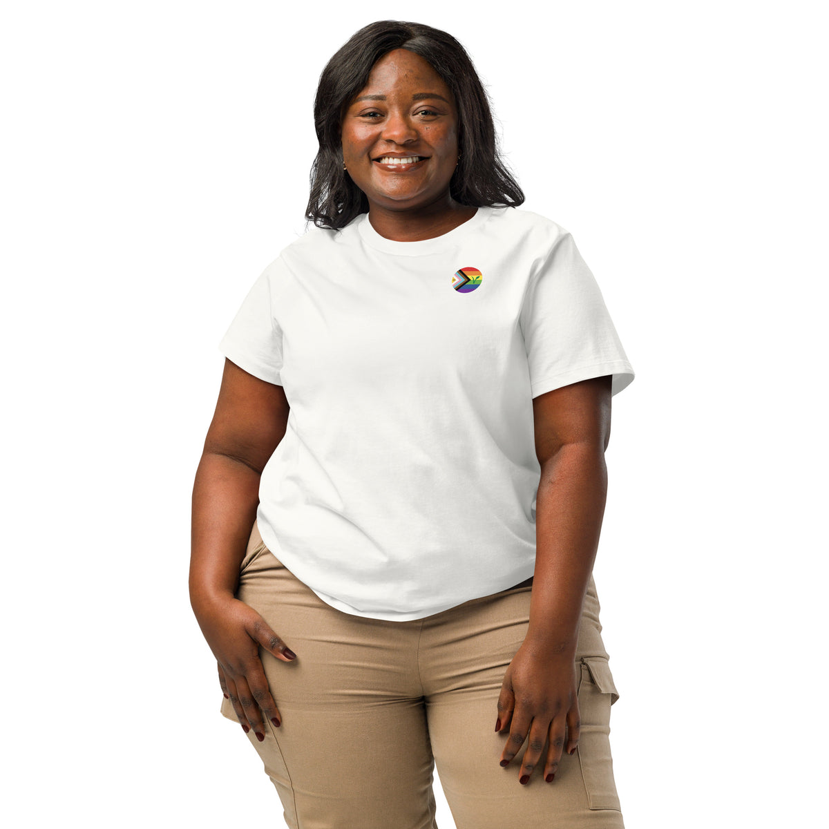 Damen-T-Shirt, weiß, kleiner Regenbogen-Brustaufdruck