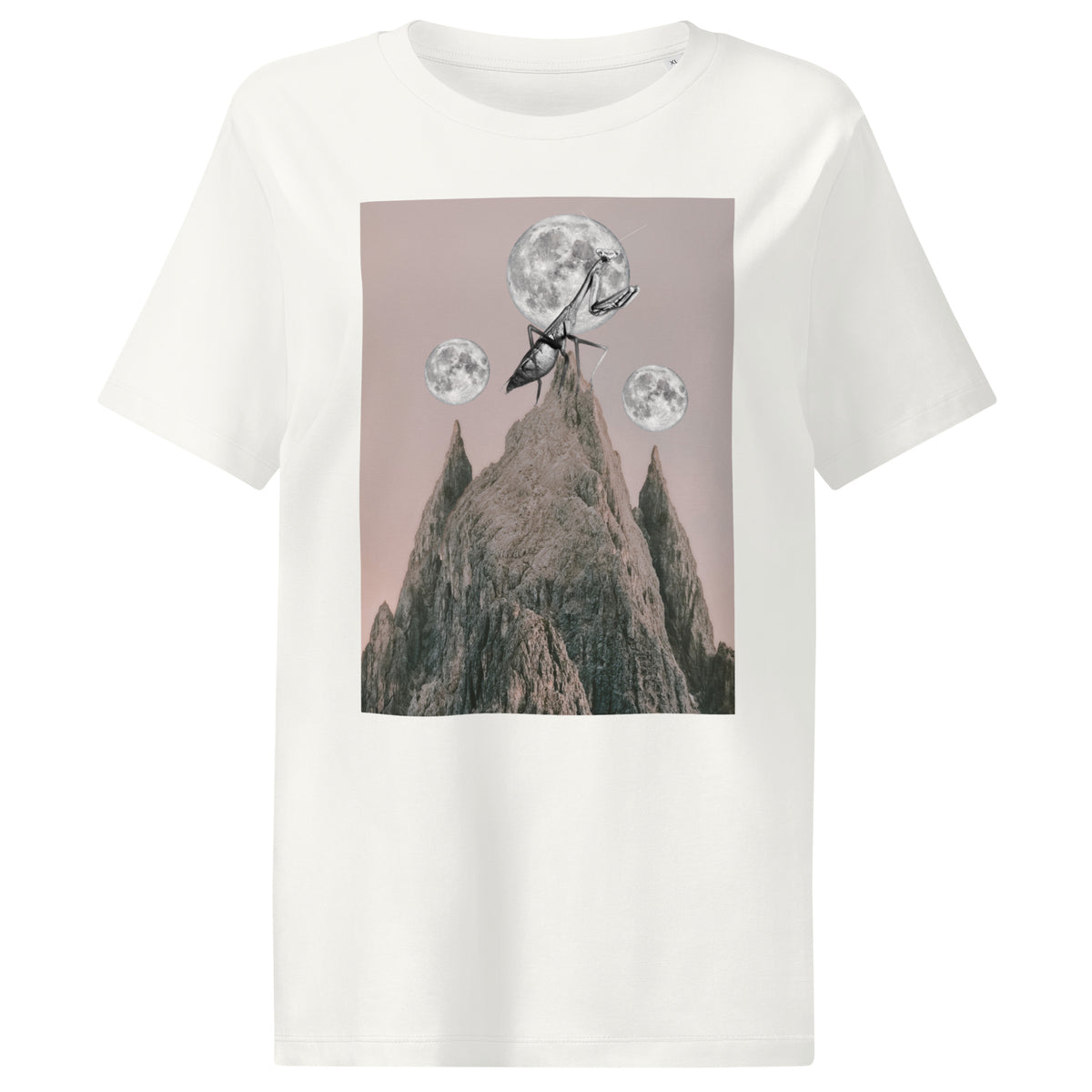 Damen-T-Shirt offwhite mit Frontprint: Gottesanbeterin über Bergen