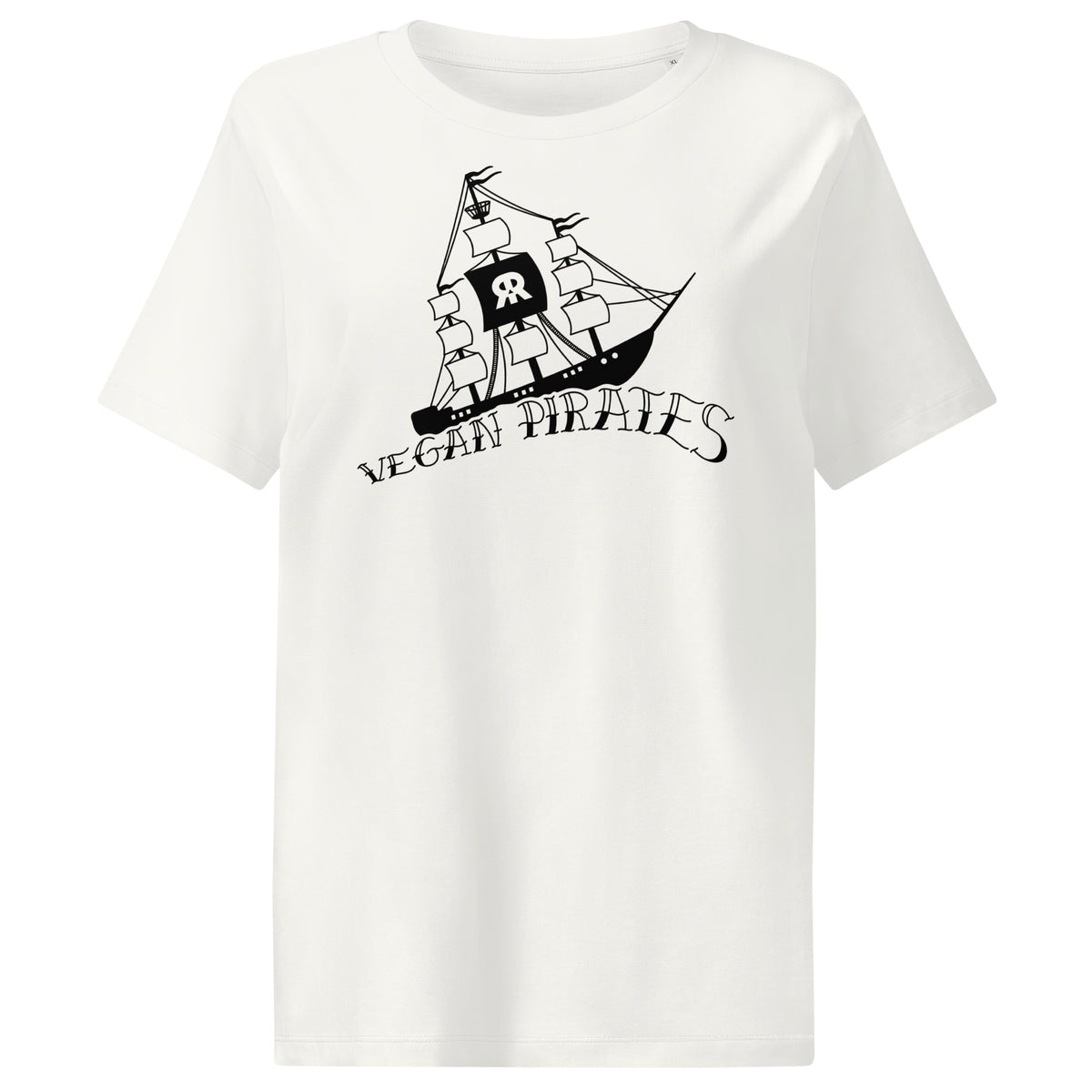 Cremefarbenes Damen-T-Shirt mit Piratengrafik und Schriftzug „Vegan Pirates“
