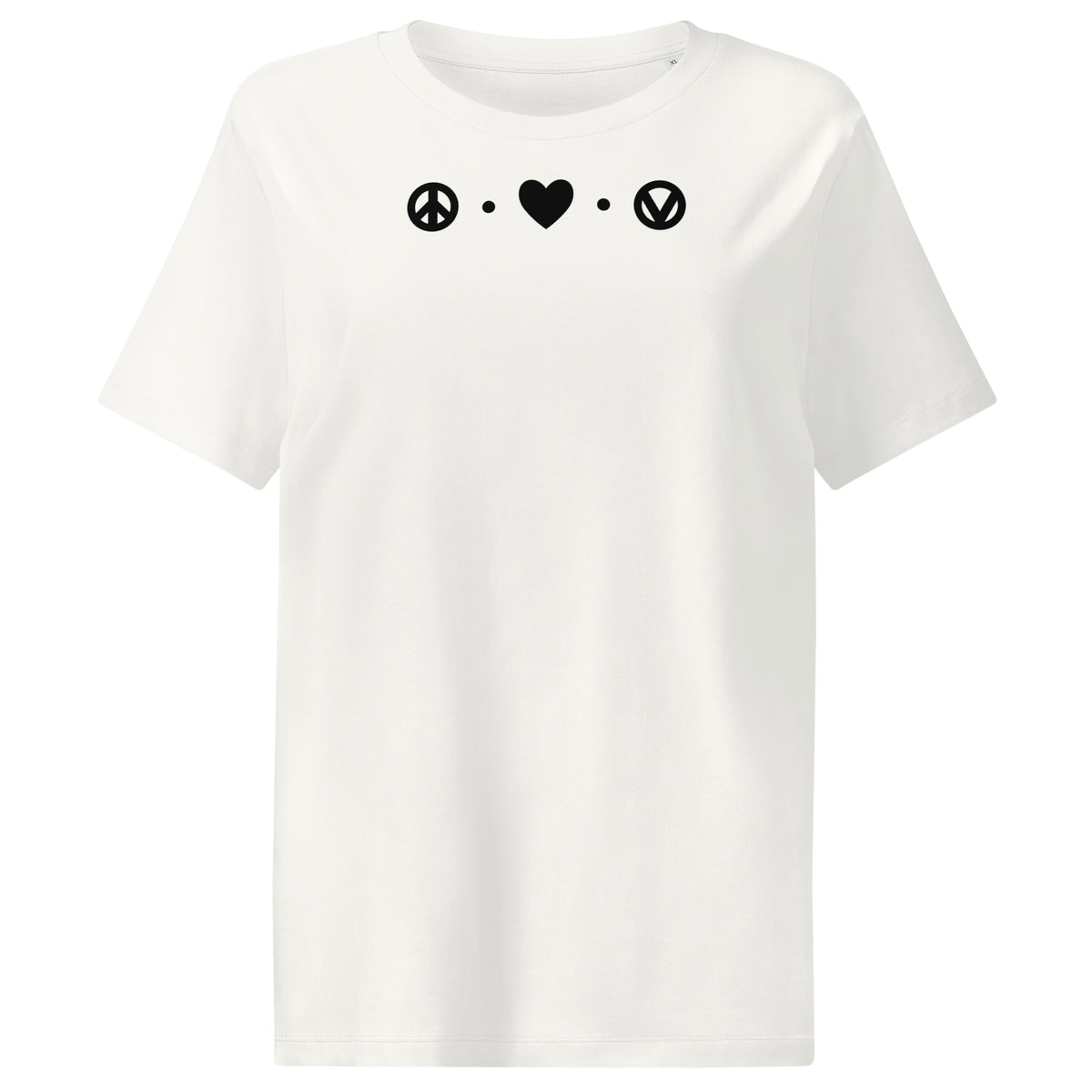 Damen-T-Shirt offwhite mit Peace-Heart- und Vegan-Symbol-Print