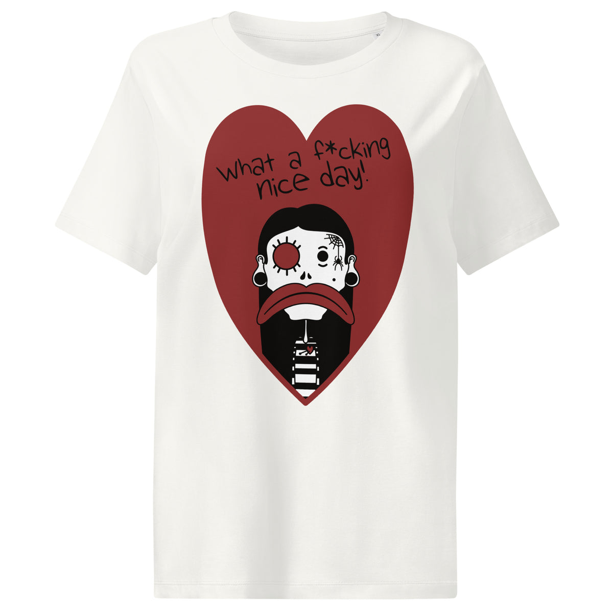 Damen-T-Shirt in Off-White mit Front-Print: rotes Dreieck mit Gesicht und Textgrafik