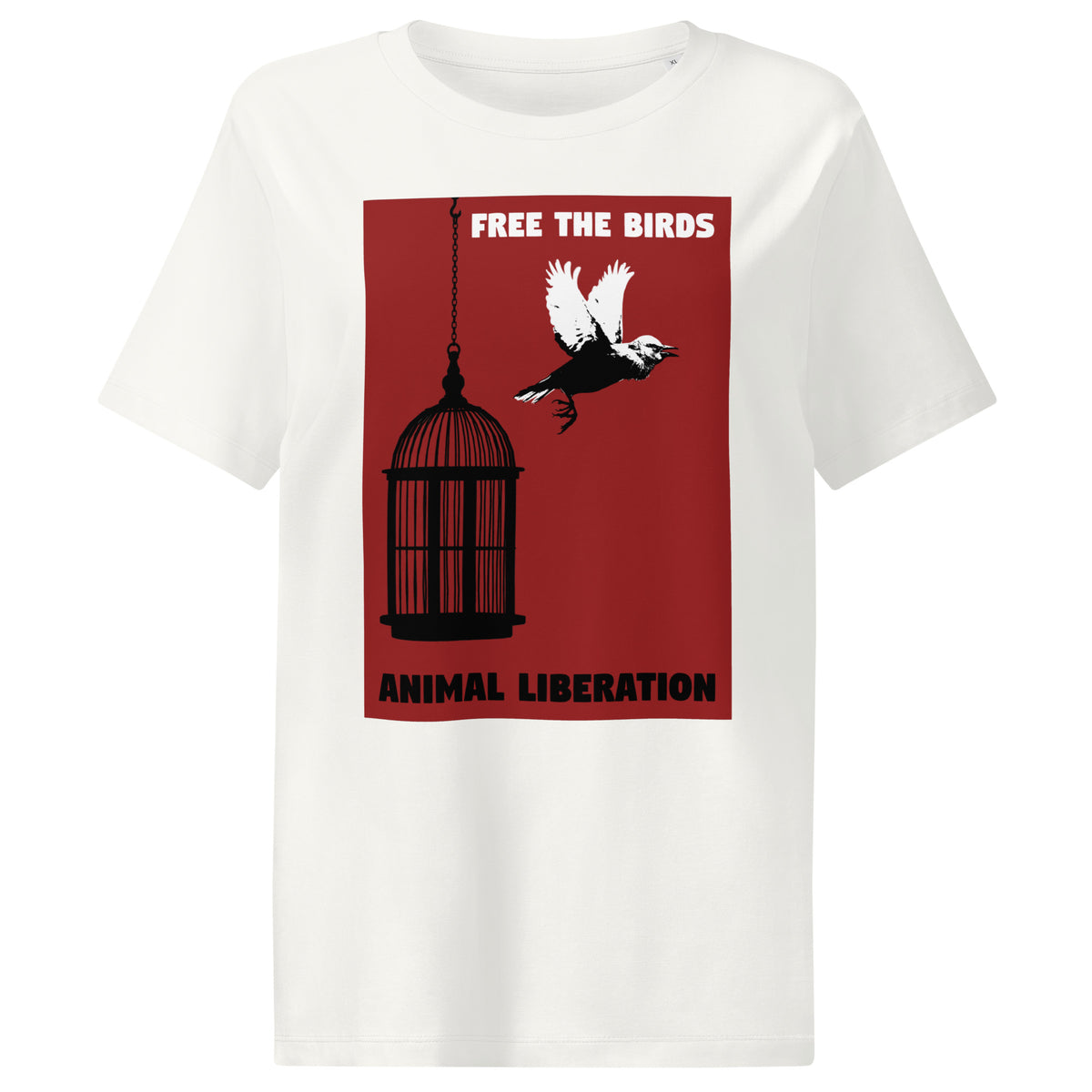 Weißes Damen-T-Shirt mit Vogelkäfig- und Vogelmotiv im Vorderdruck