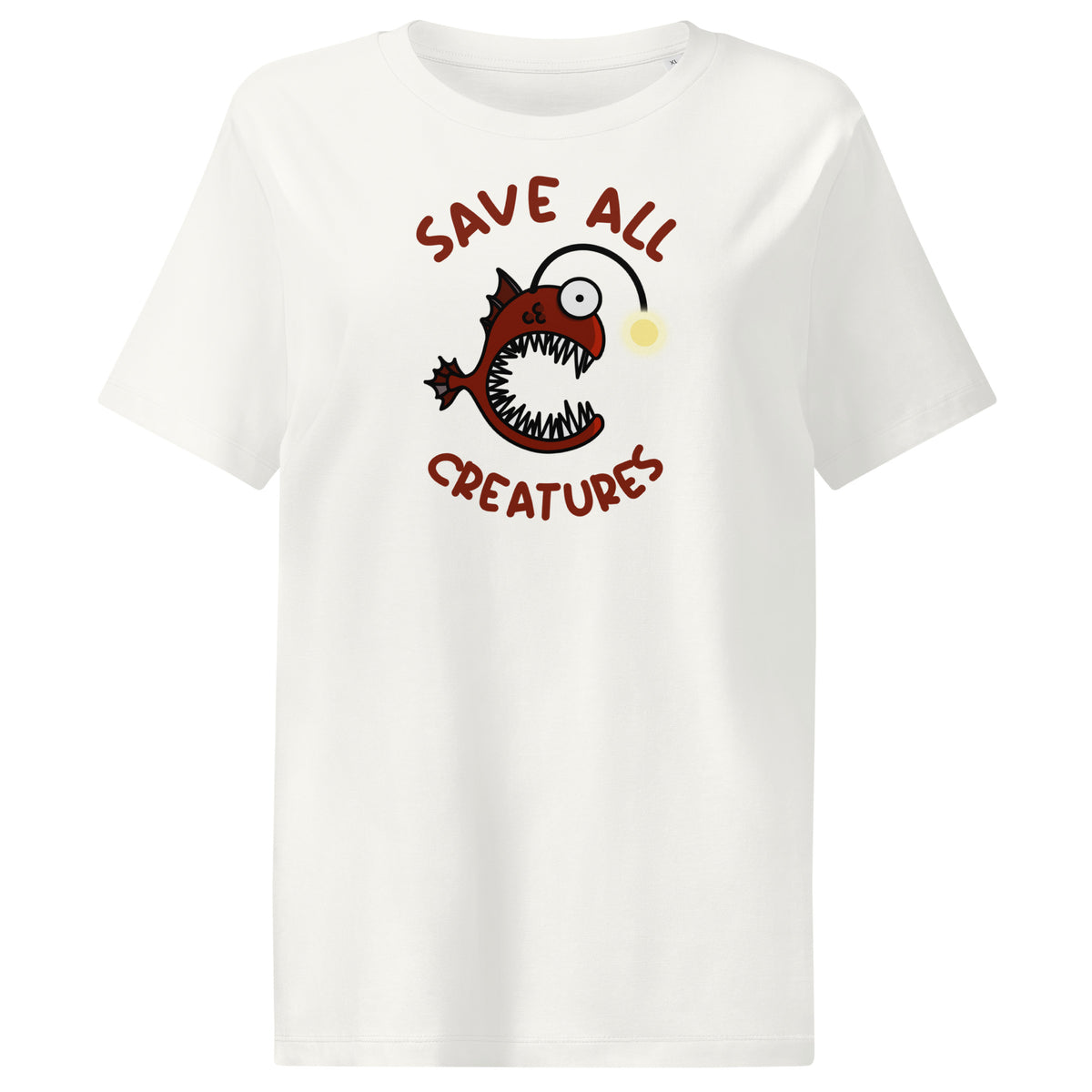 Cremefarbenes Damen-T-Shirt: Froschfisch-Print im Kreis, „Save All Creatures“