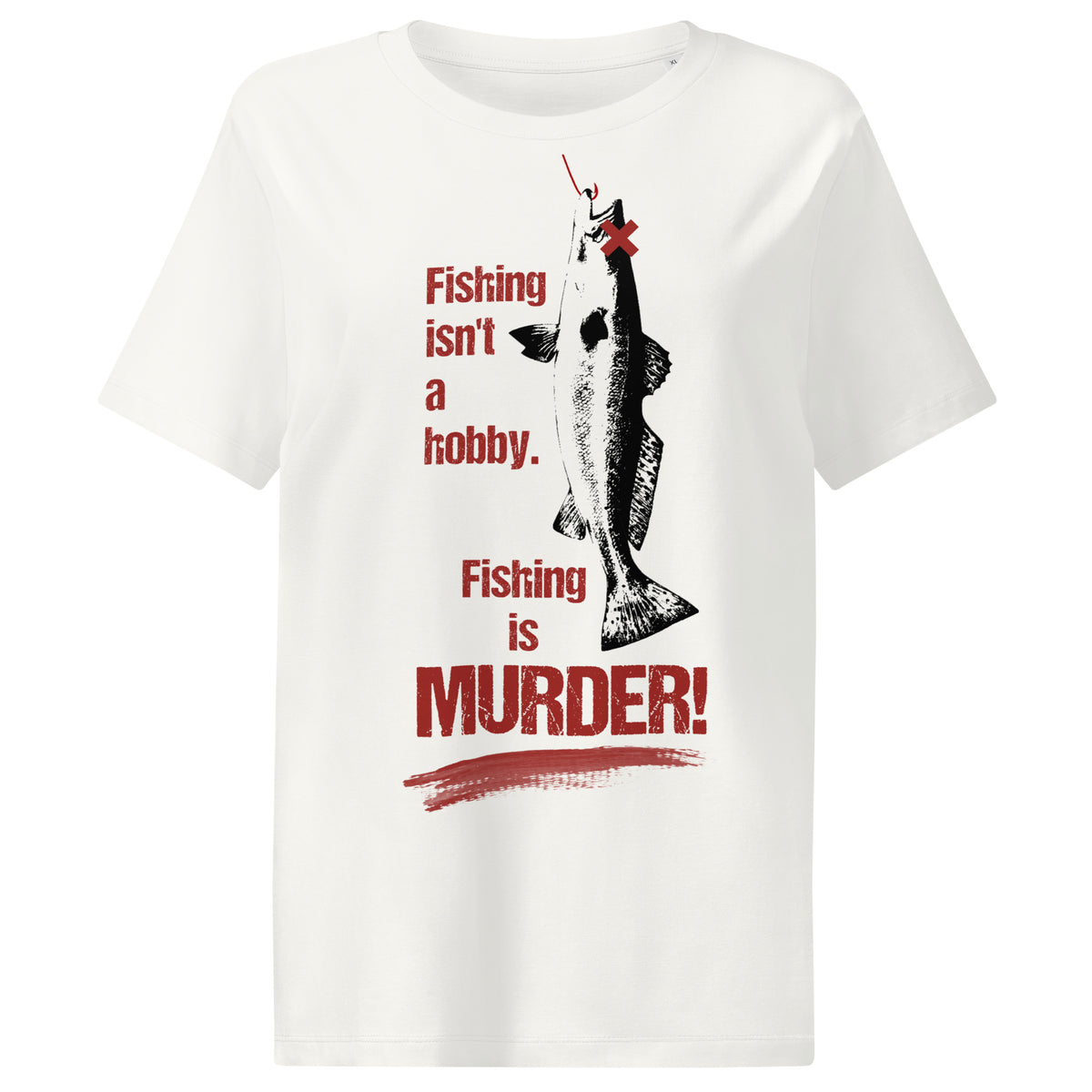 Damen-T-Shirt Off-White in Vorderansicht mit Angler-Motiv und Text „Fishing is MURDER!“