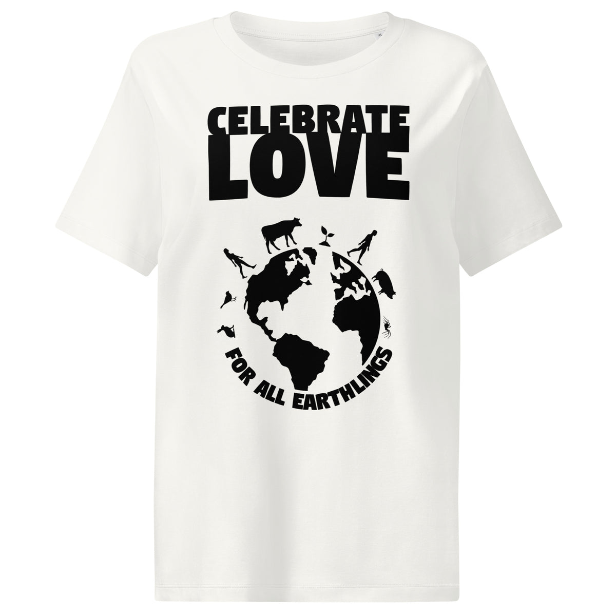Damen-T-Shirt in Weiß mit großem „CELEBRATE LOVE“-Weltmotiv, Rundhalsausschnitt