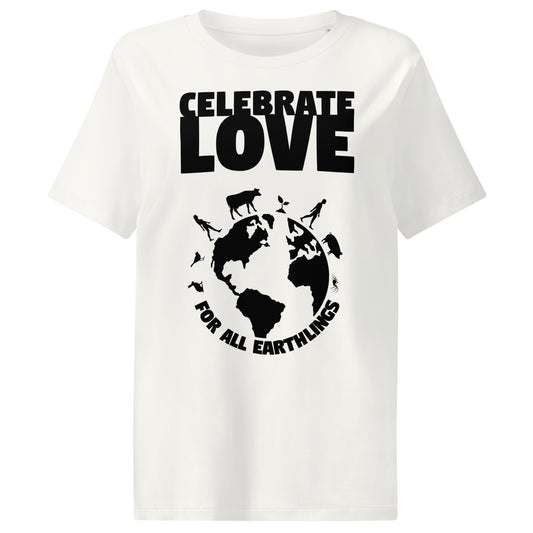 Damen-T-Shirt in Weiß mit großem „CELEBRATE LOVE“-Weltmotiv, Rundhalsausschnitt