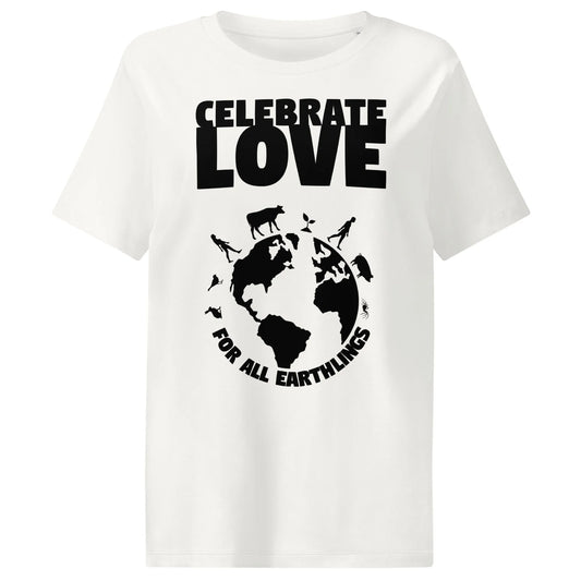 Damen-T-Shirt in Weiß mit großem „CELEBRATE LOVE“-Print und Weltmotiv
