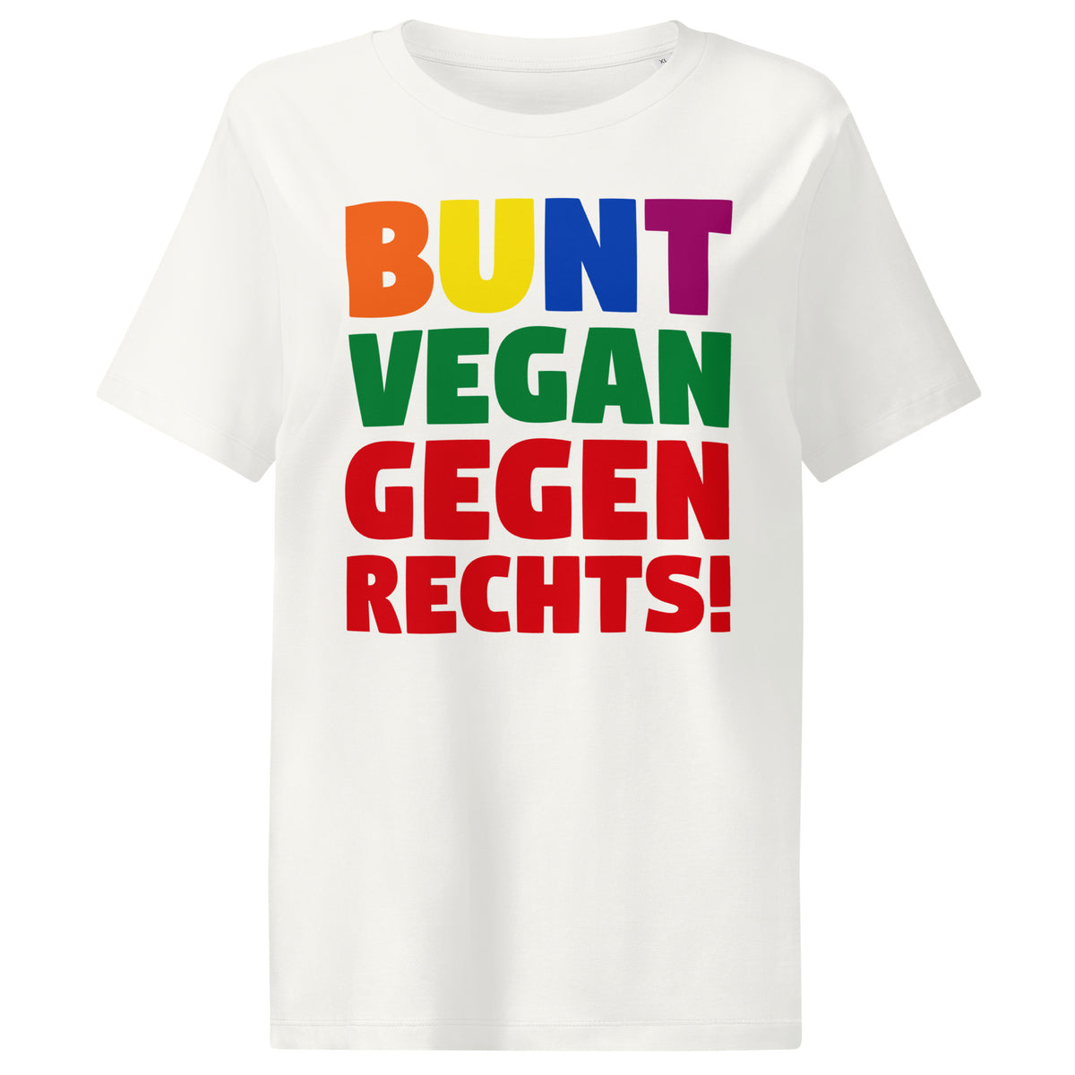 Damen-T-Shirt Off-White mit großem Aufdruck „BUNT VEGAN GEGEN RECHTS!“
