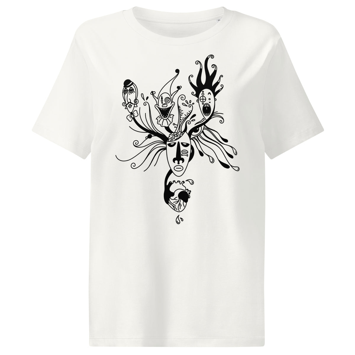 Off-White-farbenes Damen-T-Shirt mit schwarzem Masken-Illustrationsmotiv auf der Brust