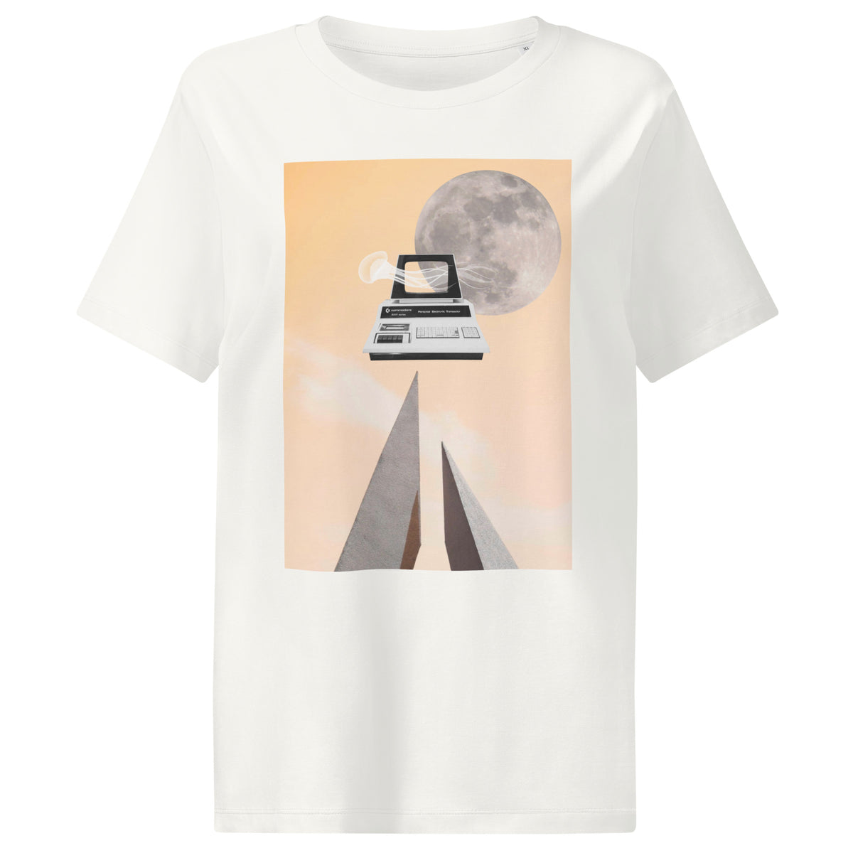 Damen-T-Shirt in Off-White mit großem quadratischem Grafikdruck auf der Brust