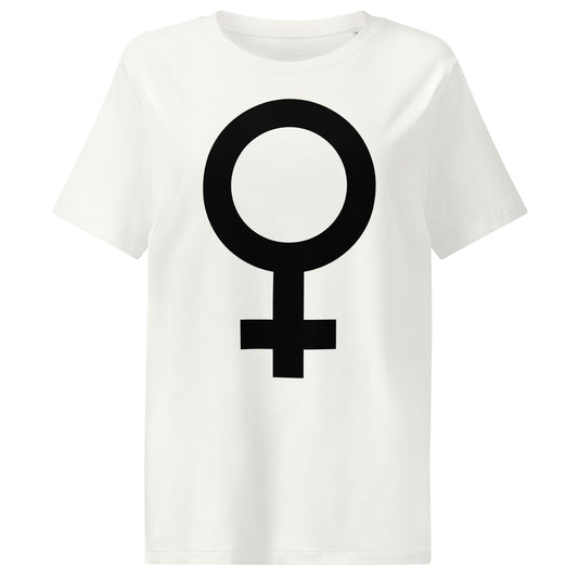 Damen-T-Shirt Off-White mit schwarzem Kreis-und-Symbolmotiv auf der Vorderseite