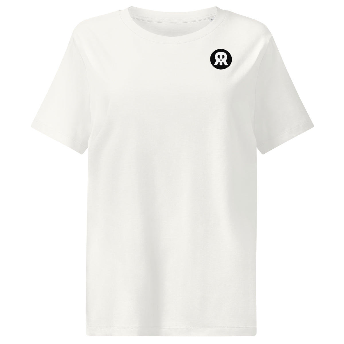 Cremefarbenes Damen-T-Shirt mit Rundhalsausschnitt, kurzen Ärmeln und kleinem schwarzem Brustdruck
